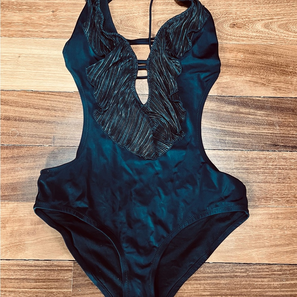 H&M Black One Piece Ruffle Neckline Open Back Swimsuit
